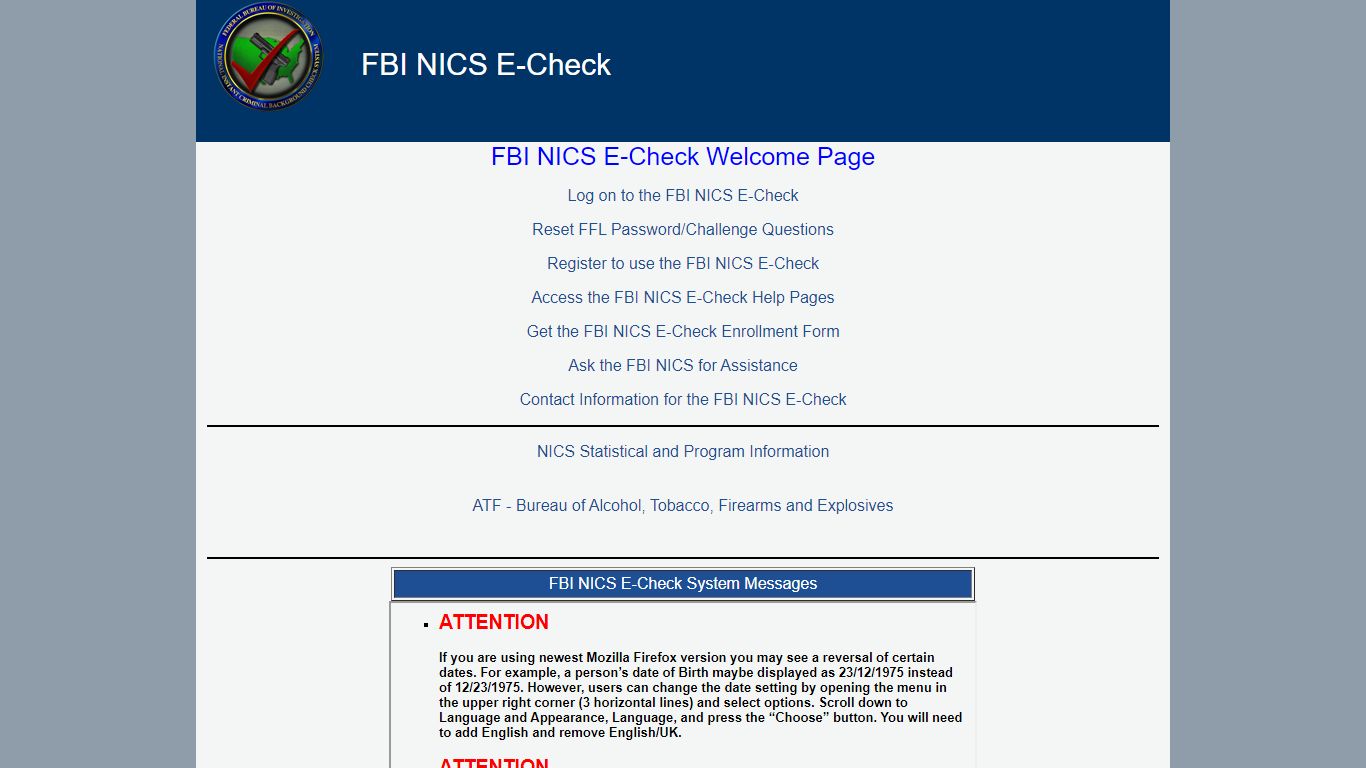 FBI NICS E-Check System - Welcome Page